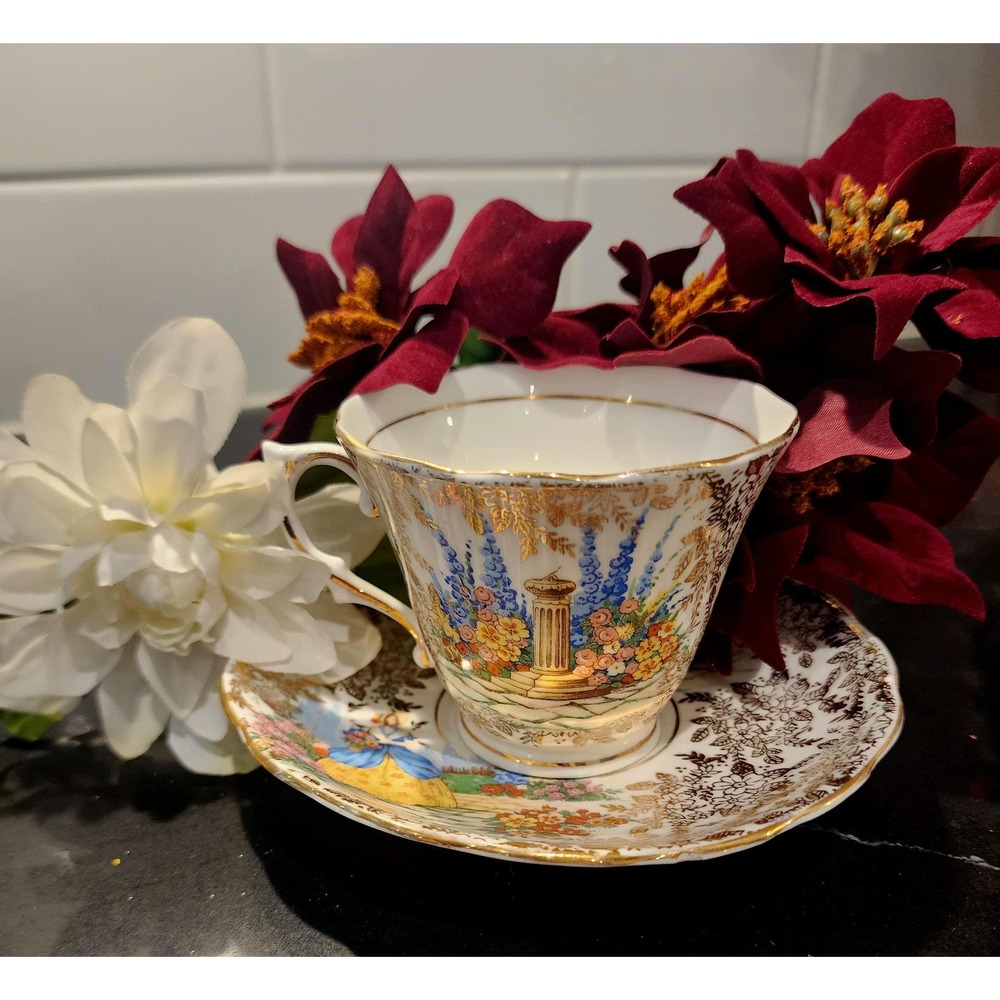 Vintage Colclough Bone China Teacup Saucer English Crinoline Lady Garden Gold